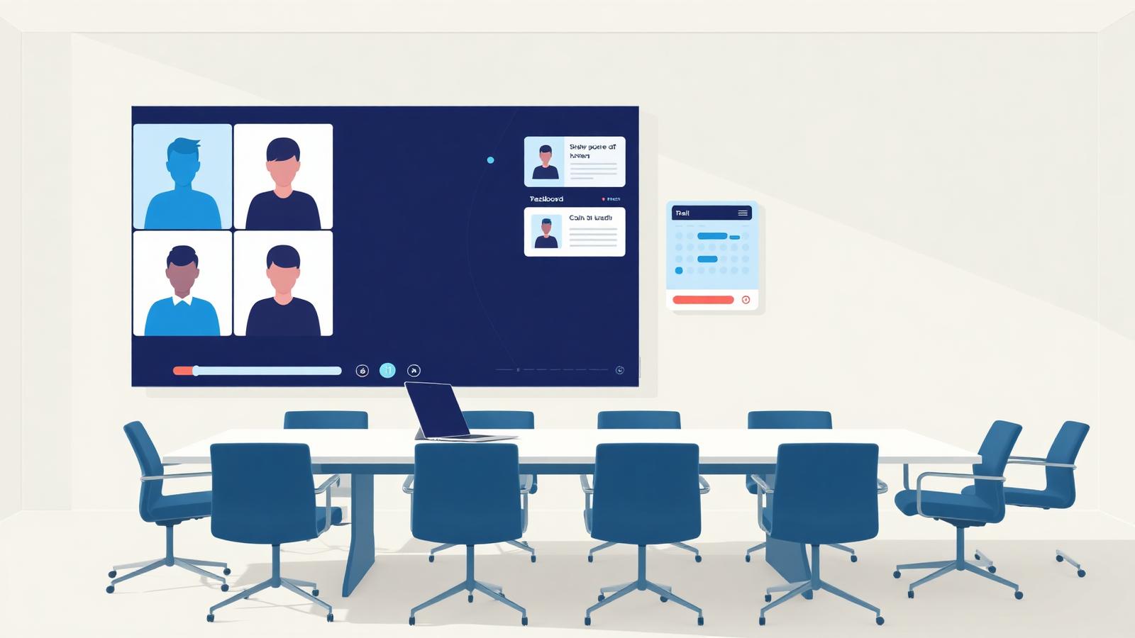 Corporate boardroom with unified vendor and dashboard systems on a wall display