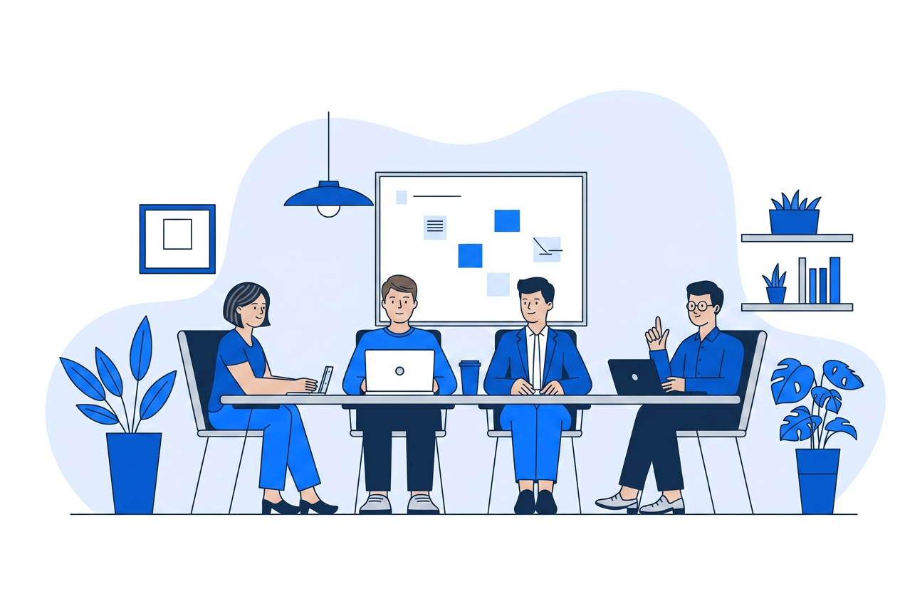 B2B corporate team collaborating around a conference table with laptops