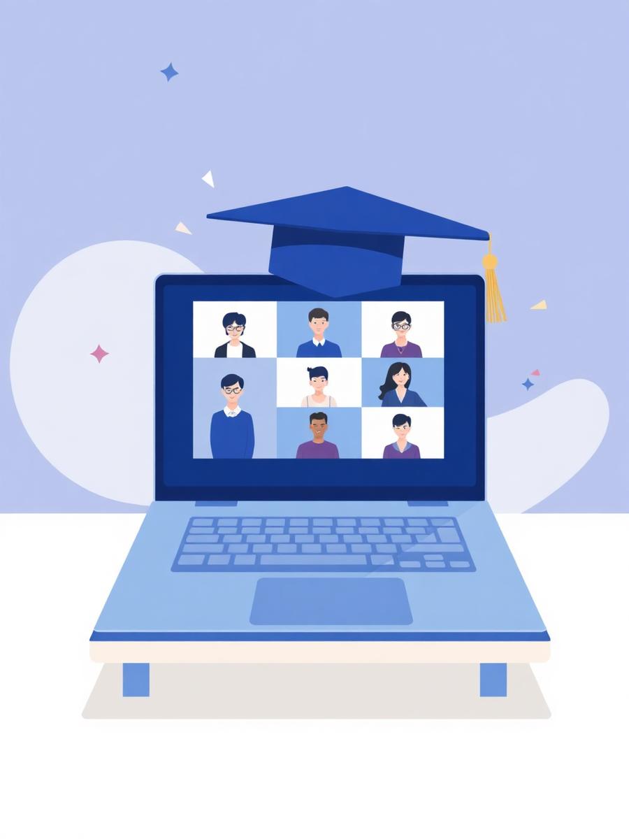 Laptop showing a video call of graduates with a graduation cap resting on the screen